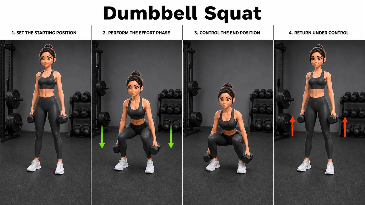 Dumbbell Squat exercise guide showing 4 movement steps using dumbbell pair