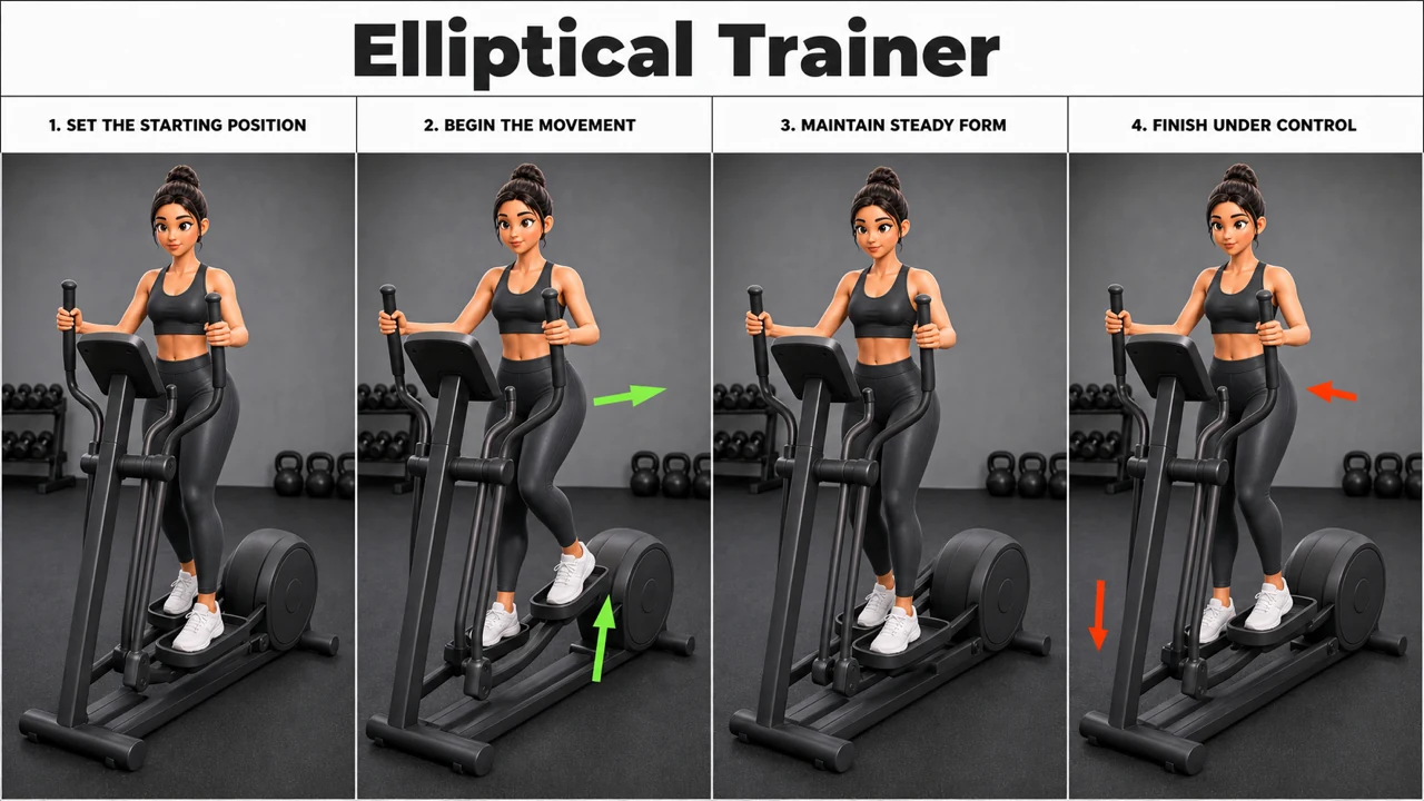 Elliptical Trainer exercise image showing key movement positions with elliptical trainer