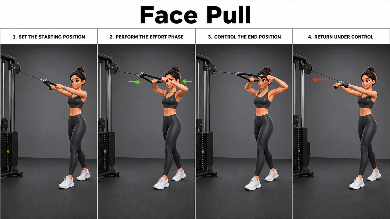Face Pull exercise guide showing 3 movement steps using cable machine and rope
