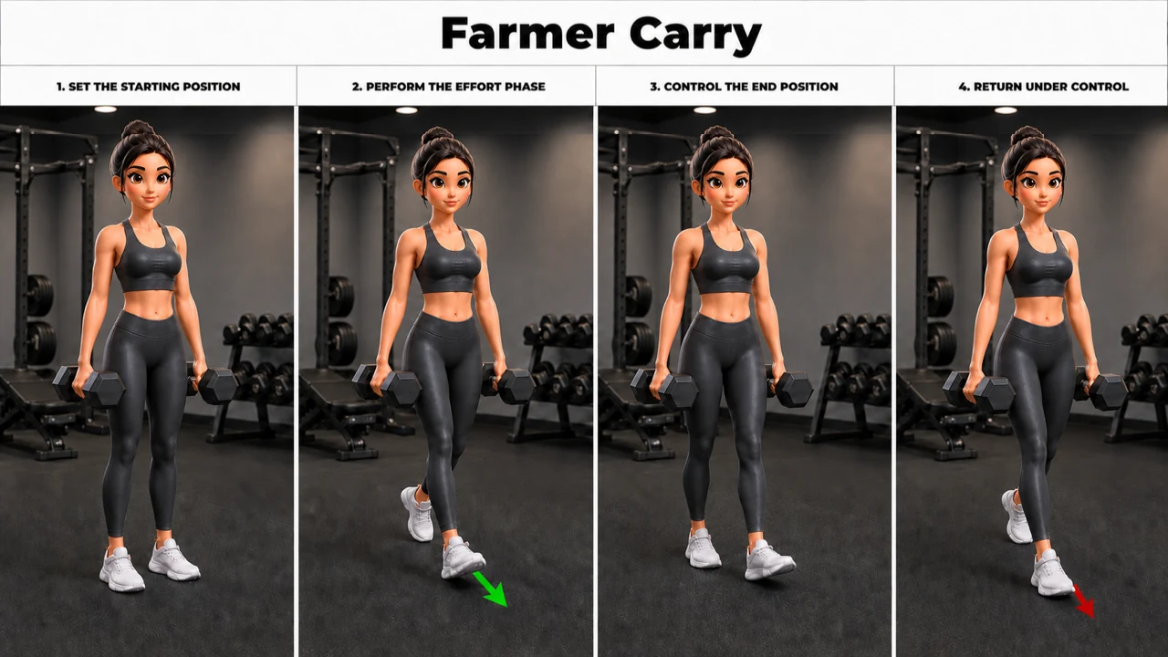 Farmer Carry exercise guide showing 4 movement steps using dumbbell pair