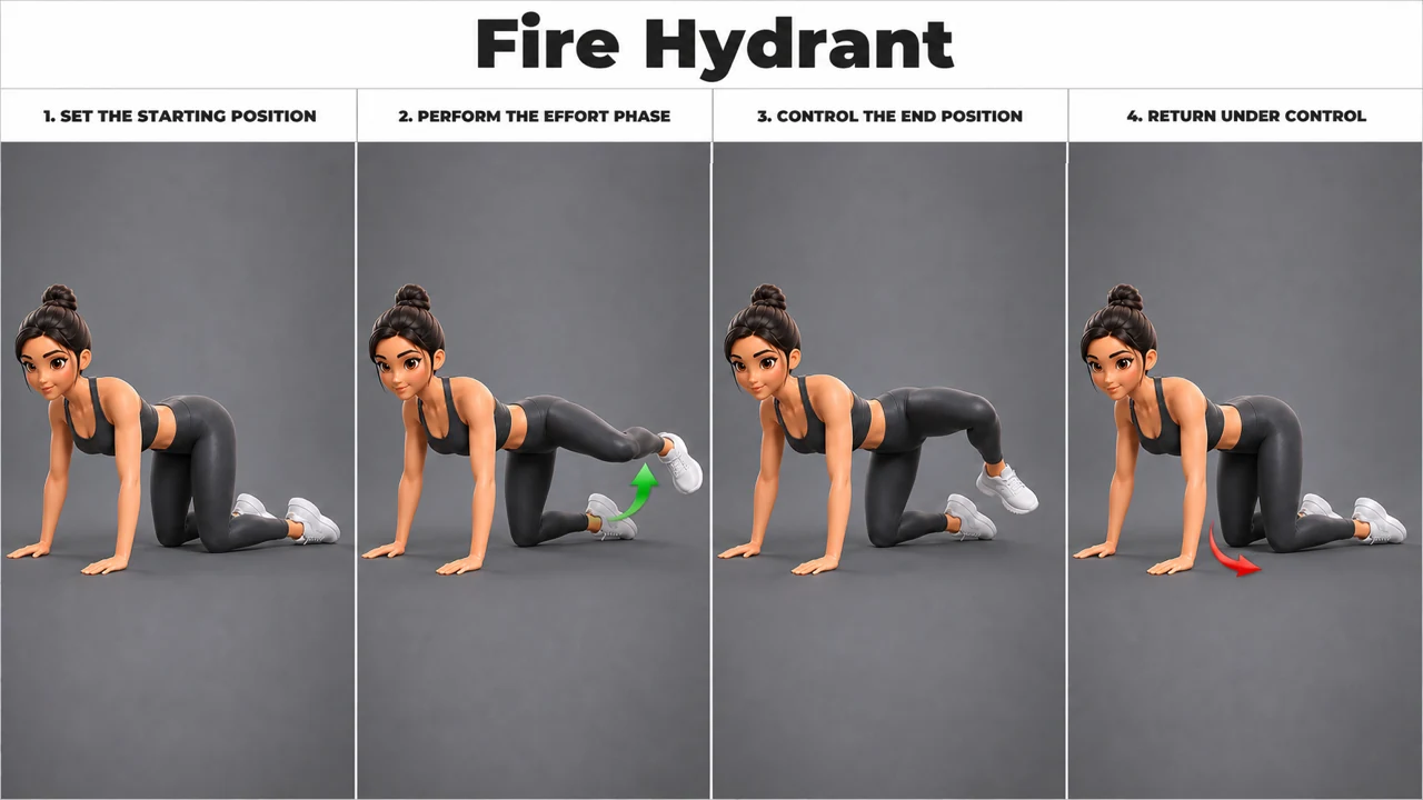 Fire Hydrant exercise guide showing 4 movement steps