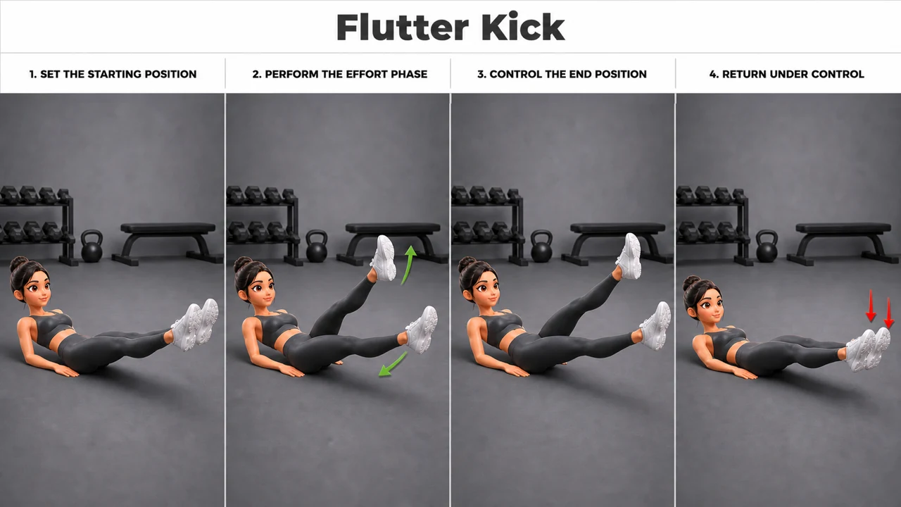 Flutter Kick exercise guide showing 4 movement steps