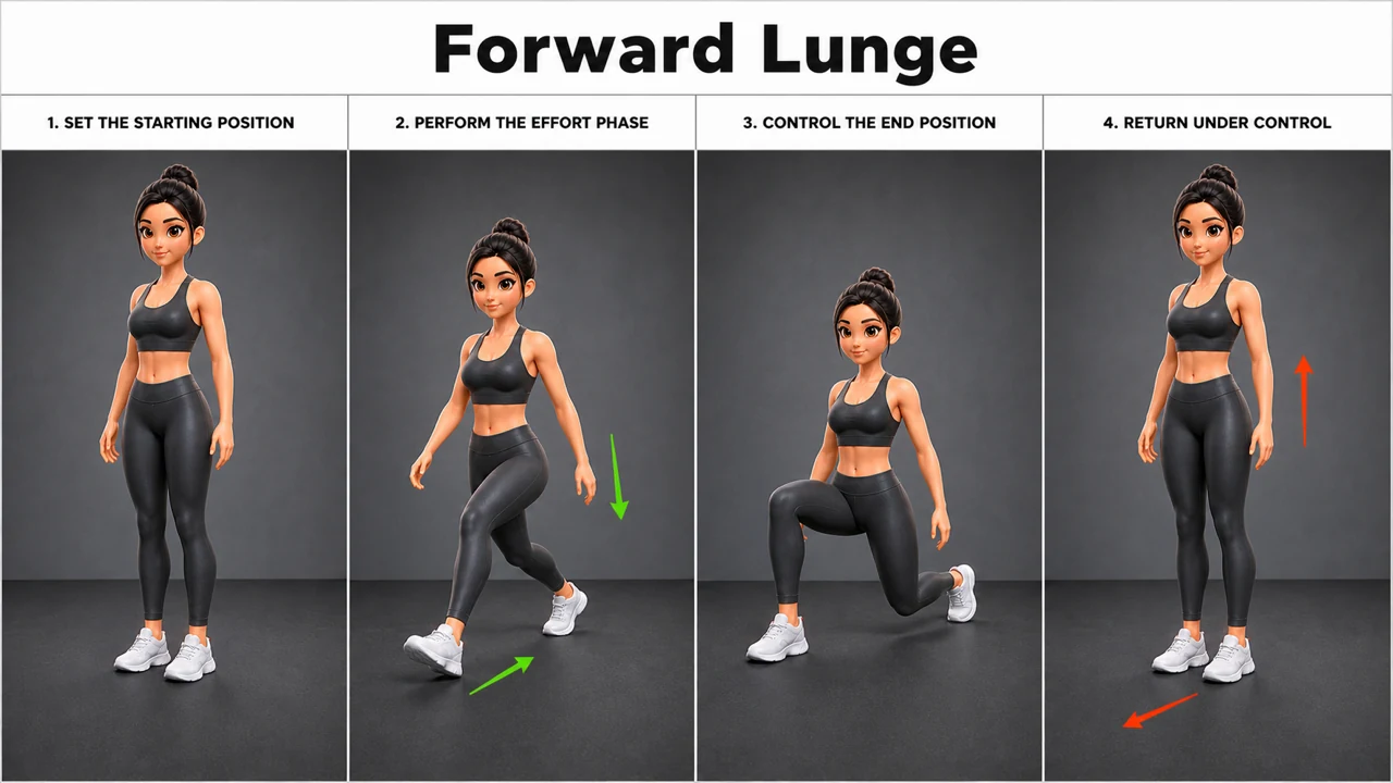 Forward Lunge exercise guide showing 4 movement steps