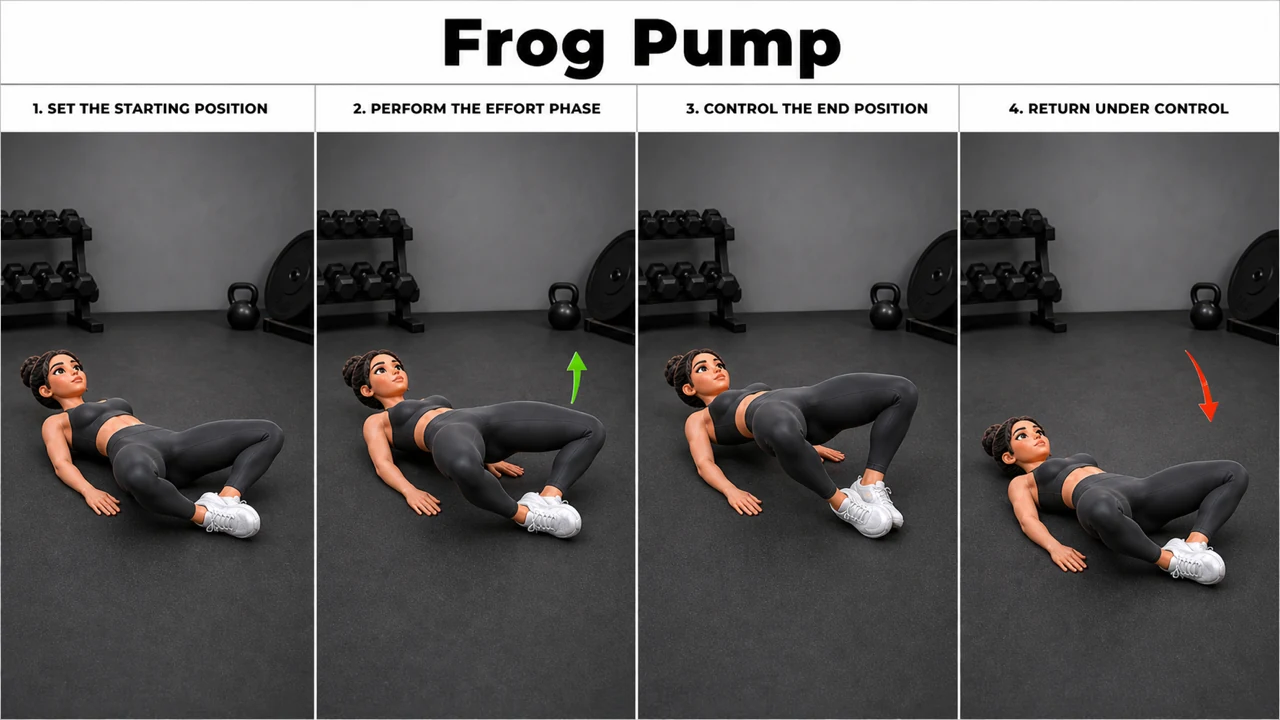 Frog Pump exercise image showing key movement positions