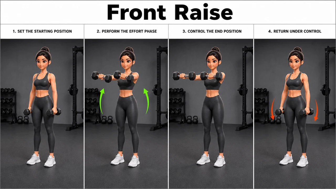 Front Raise exercise guide showing 3 movement steps using dumbbell pair