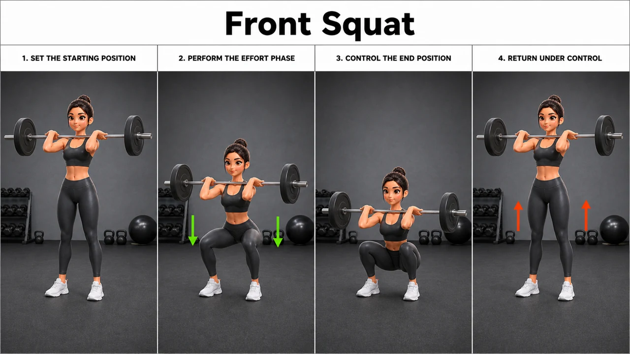Front Squat exercise guide showing 4 movement steps using barbell