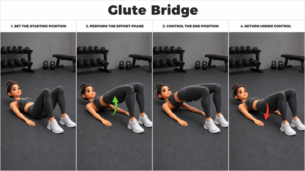 Glute Bridge exercise guide showing 4 movement steps