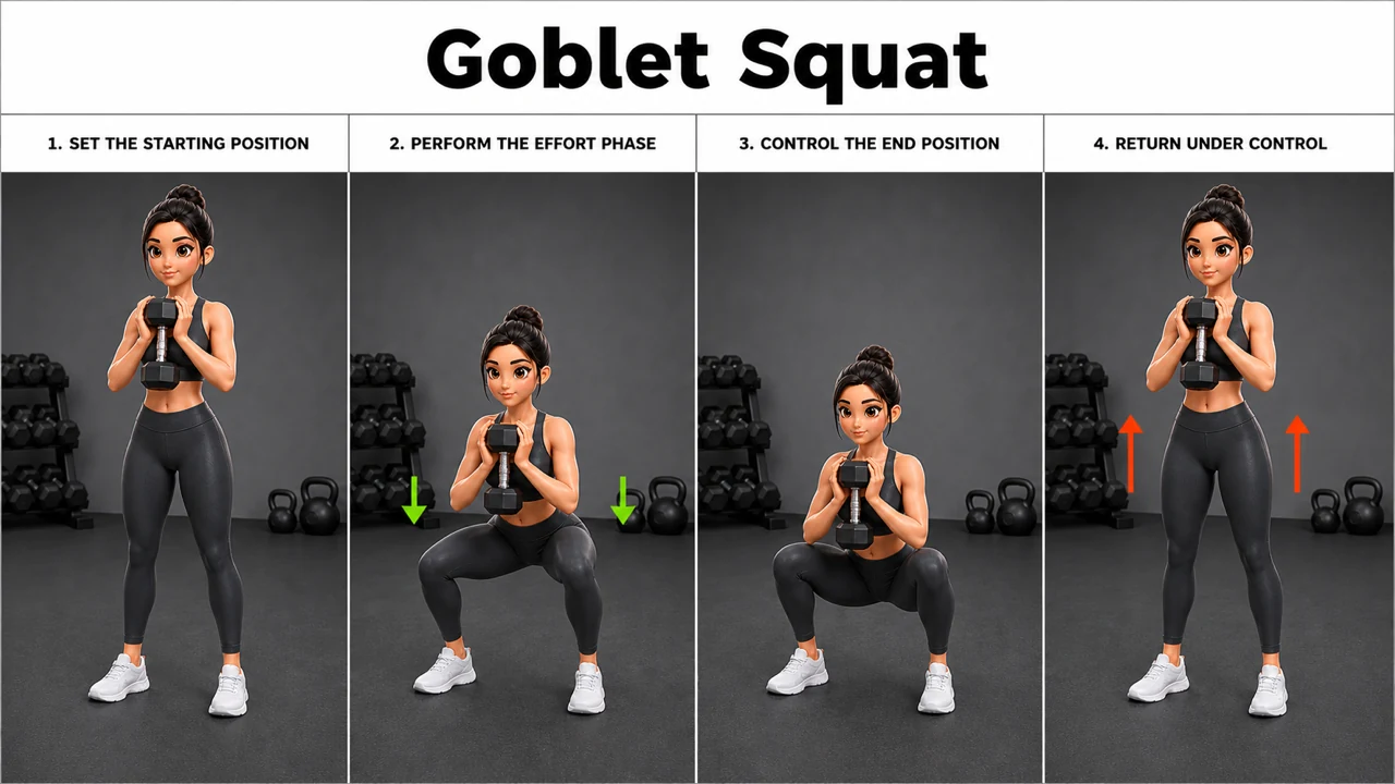 Goblet Squat exercise guide showing 4 movement steps using dumbbell