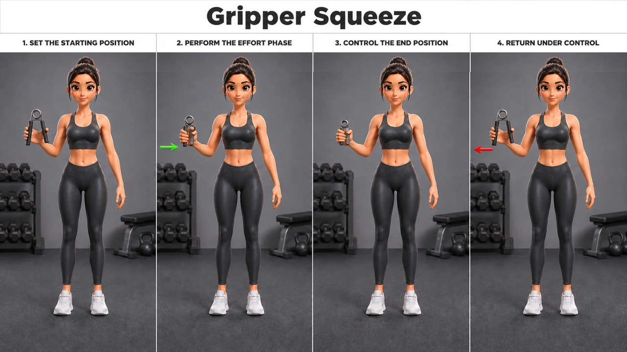Gripper Squeeze exercise guide showing 4 movement steps using hand gripper