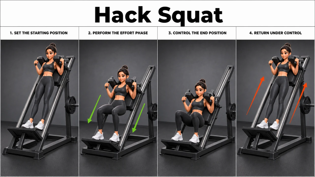 Hack Squat exercise guide showing 4 movement steps using hack squat machine