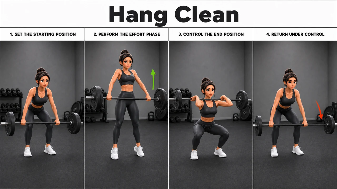 Hang Clean exercise image showing key movement positions with barbell