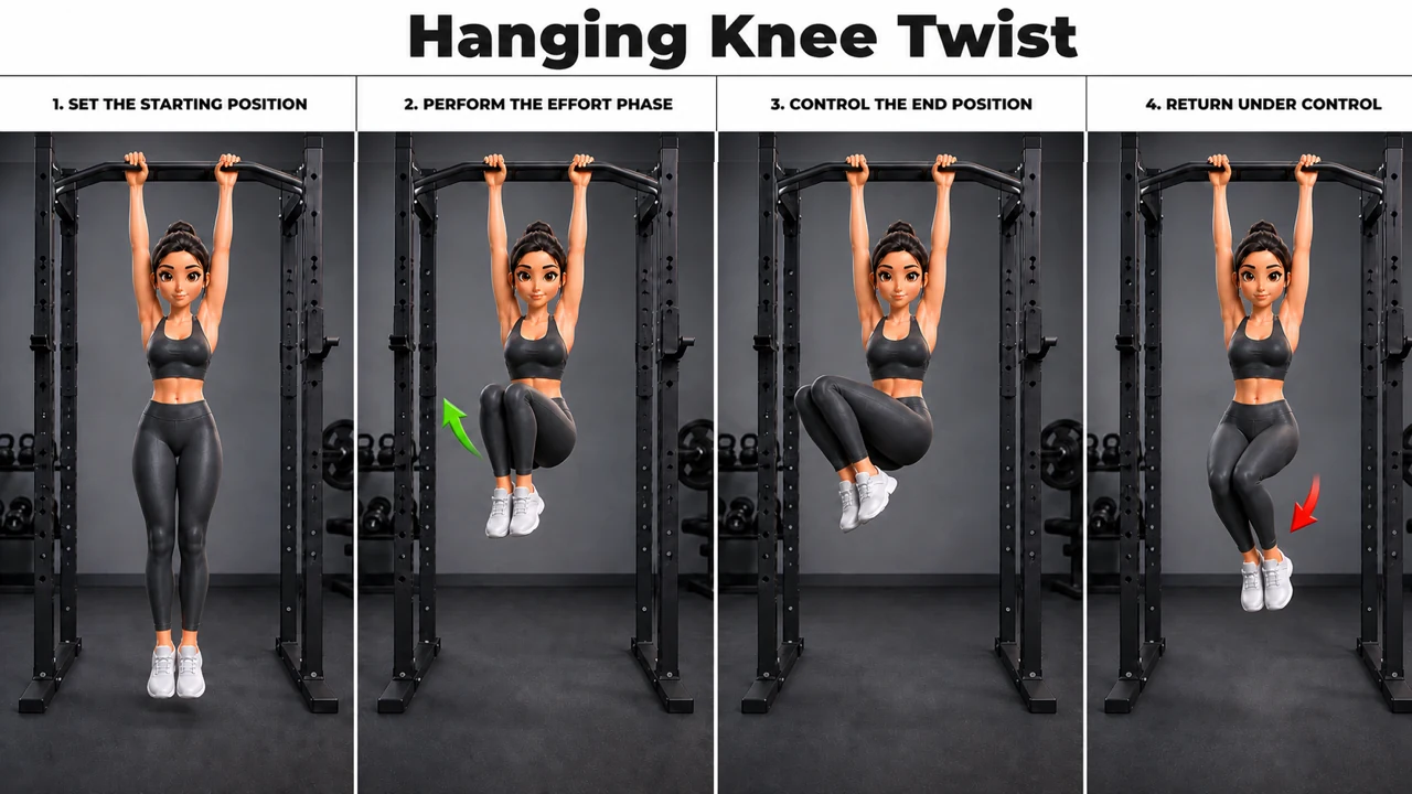 Hanging Knee Twist exercise guide showing 4 movement steps using pull-up station