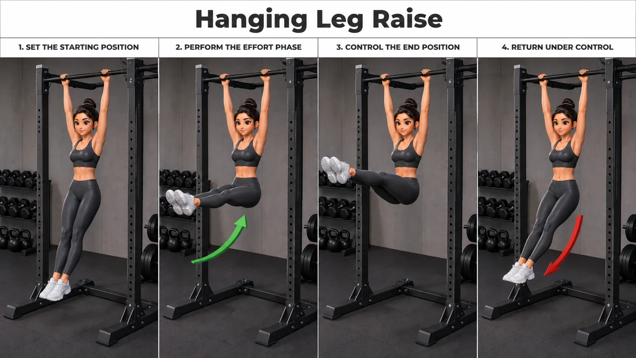 Hanging Leg Raise exercise guide showing 4 movement steps using pull-up station
