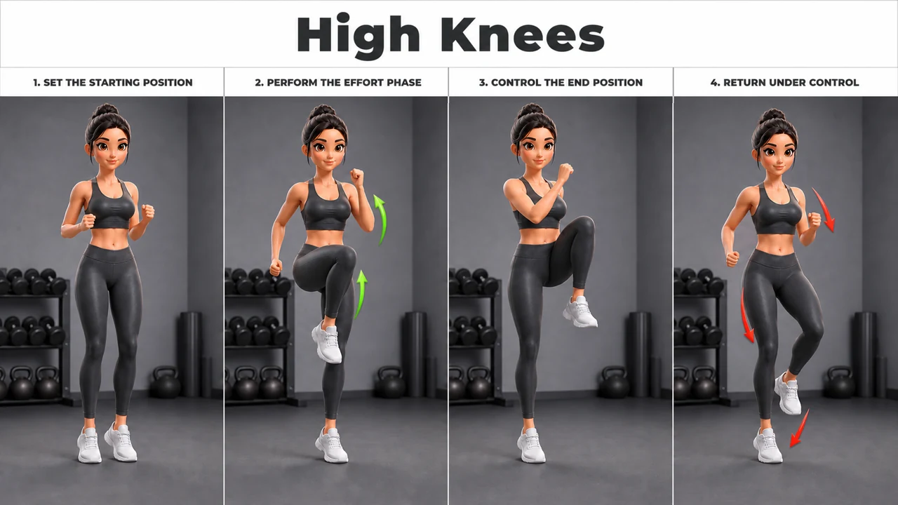High Knees exercise guide showing 4 movement steps