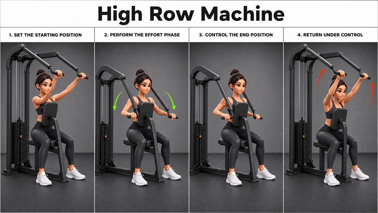 High Row Machine exercise guide showing 3 movement steps using high row machine