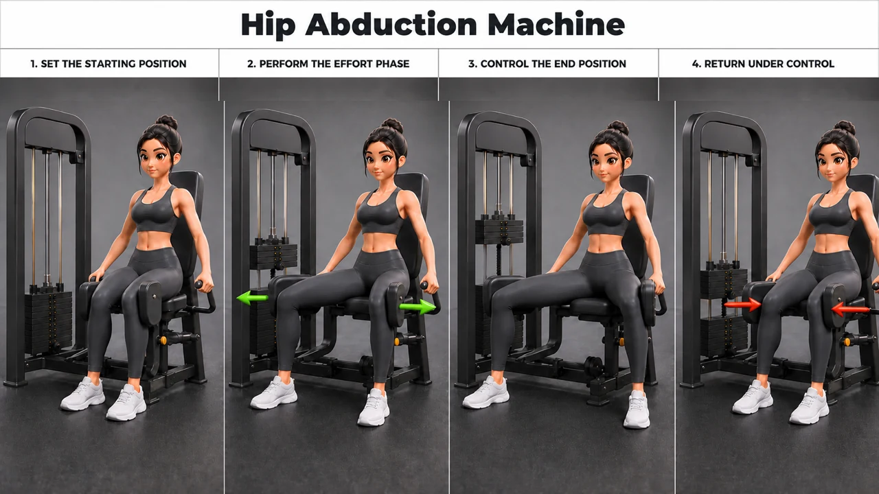 Hip Abduction Machine exercise guide showing 4 movement steps using hip abduction machine