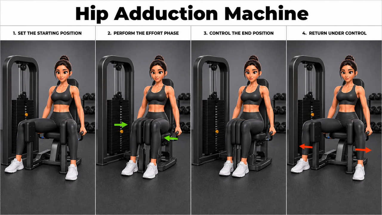 Hip Adduction Machine exercise image showing key movement positions with hip adduction machine