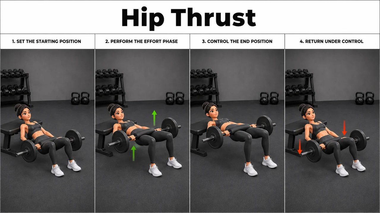 Hip Thrust exercise guide showing 4 movement steps using barbell and flat bench