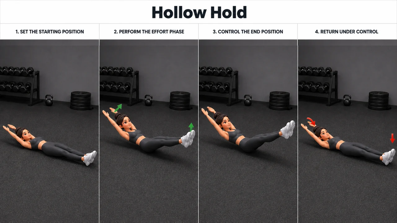 Hollow Hold exercise guide showing 4 movement steps