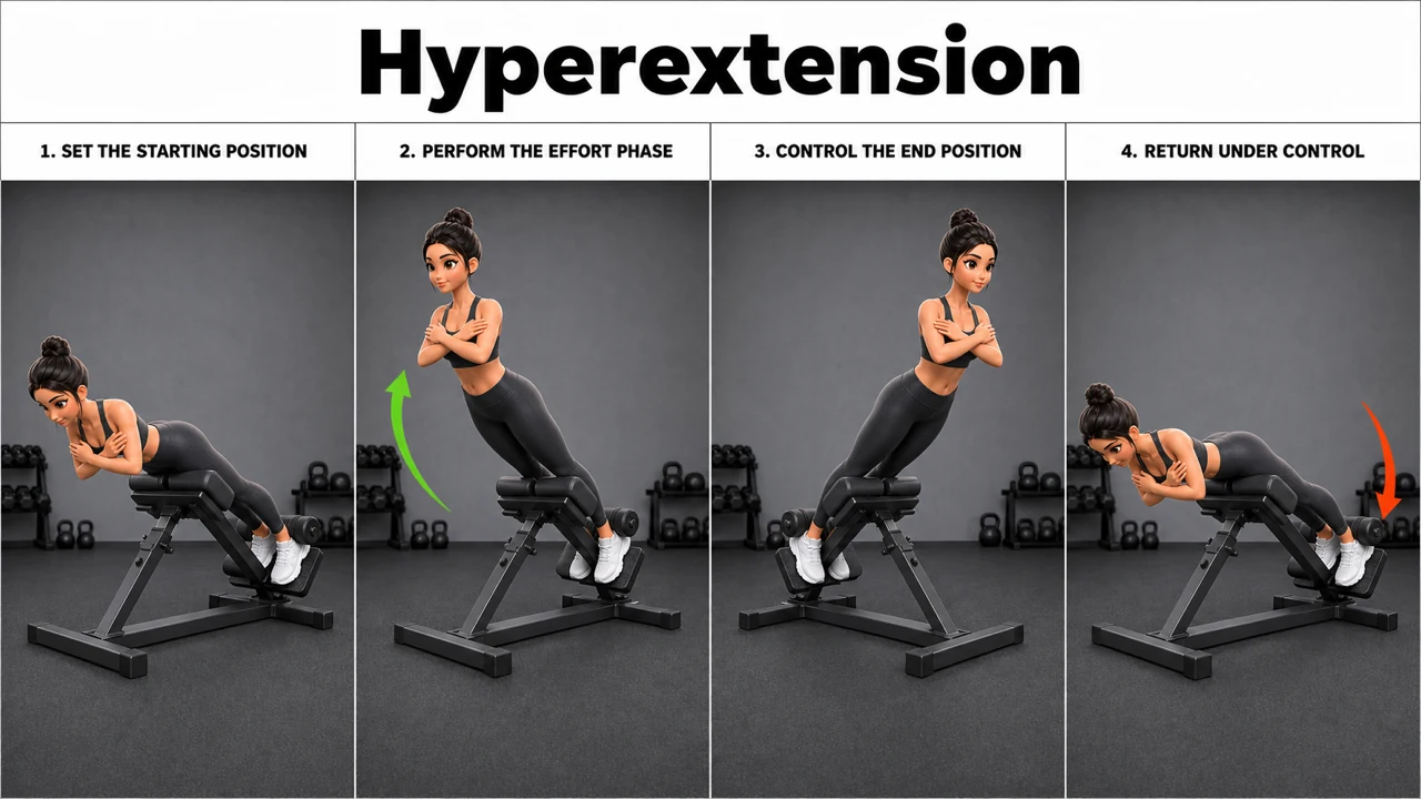Hyperextension exercise guide showing 3 movement steps using horizontal Roman chair