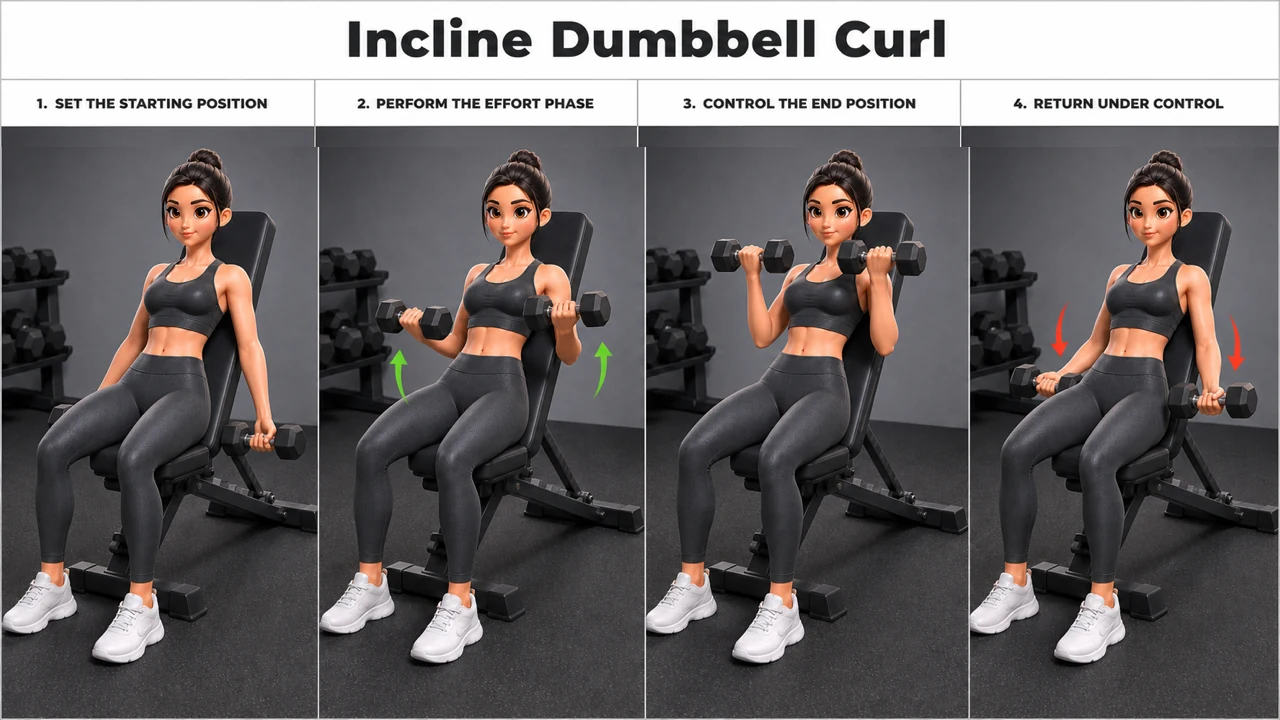 Incline Dumbbell Curl exercise guide showing 4 movement steps using dumbbell pair and incline bench