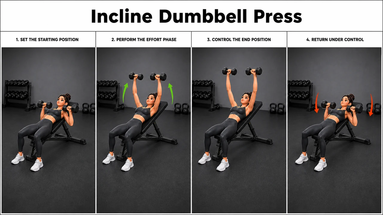 Incline Dumbbell Press exercise guide showing 3 movement steps using incline bench and dumbbell pair