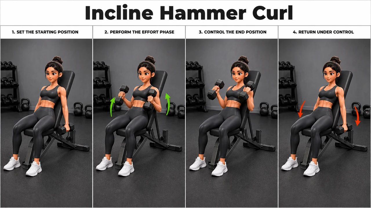 Incline Hammer Curl exercise image showing key movement positions