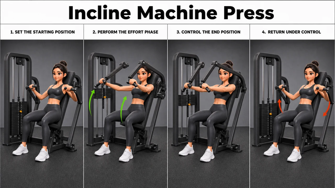 Incline Machine Press exercise guide showing 3 movement steps using incline chest press machine