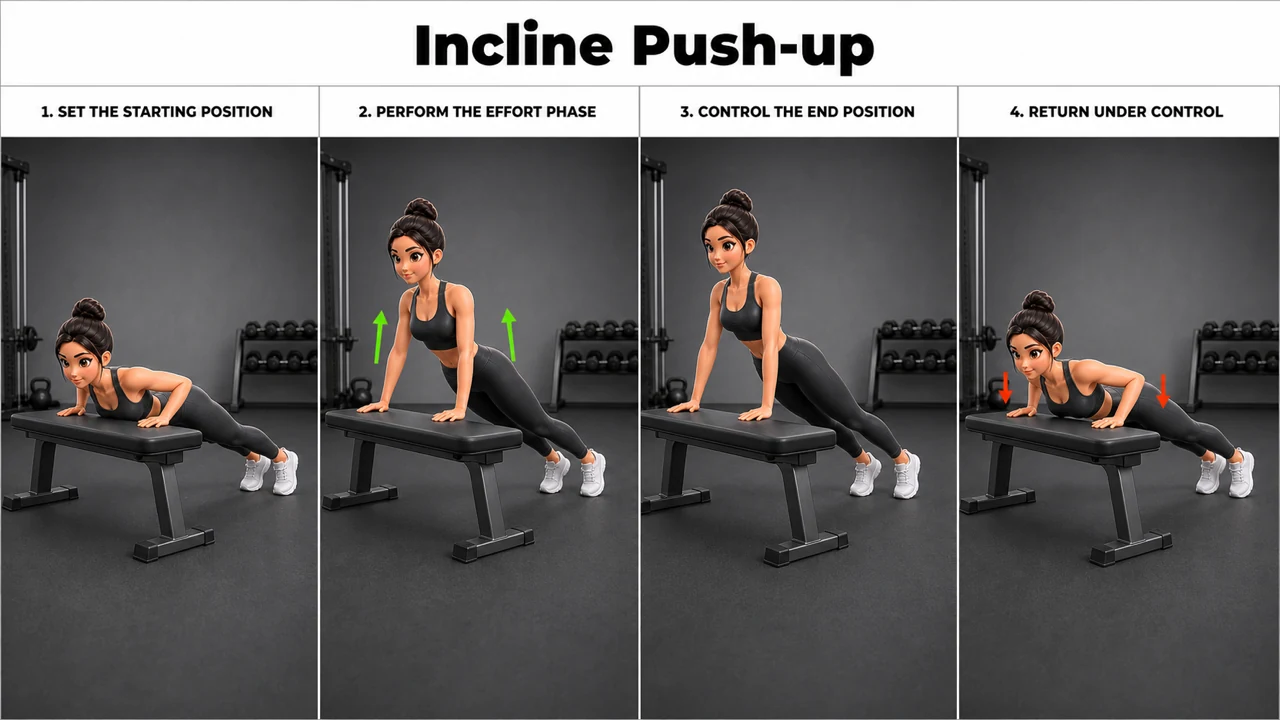 Incline Push-up exercise guide showing 3 movement steps using stable elevated surface