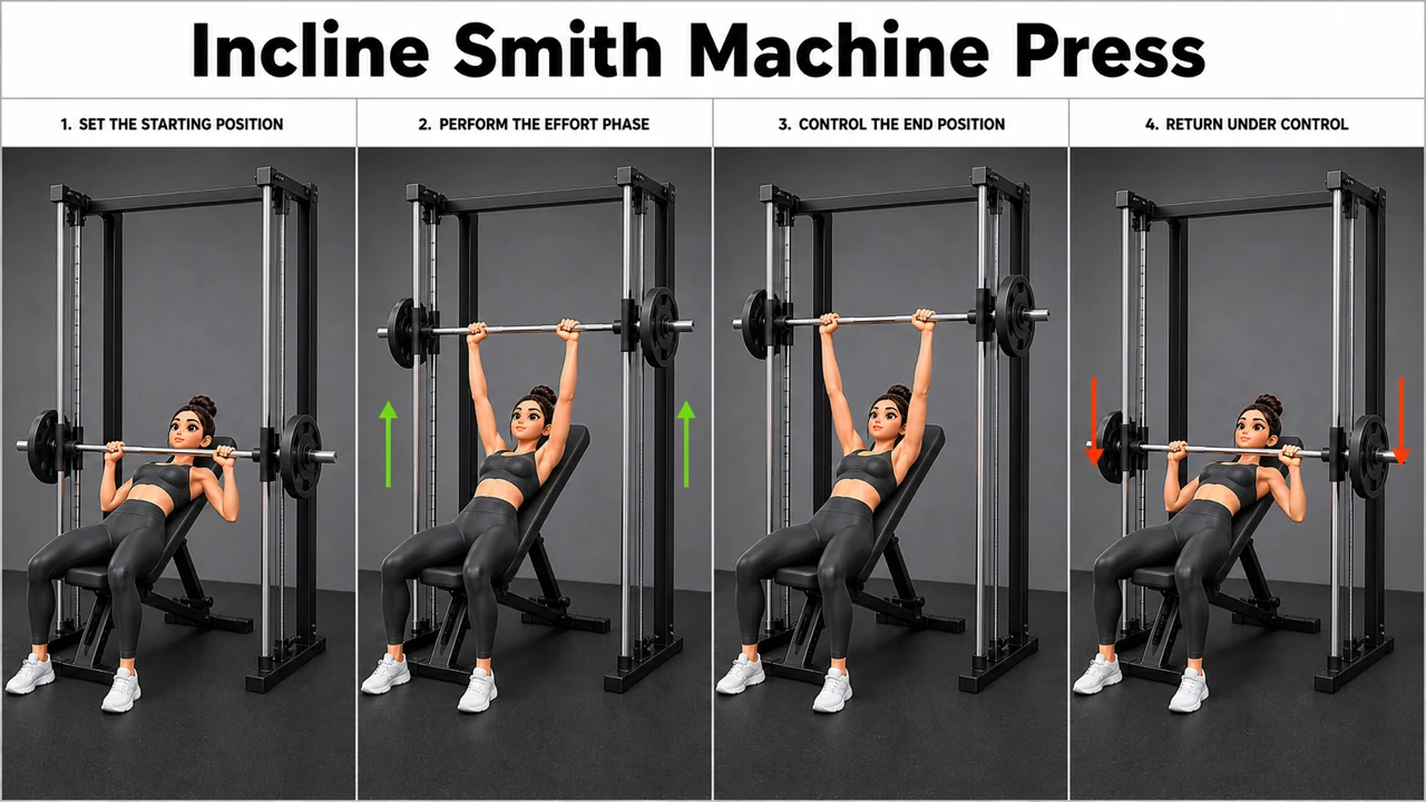 Incline Smith Machine Press exercise guide showing 3 movement steps using incline bench and Smith machine