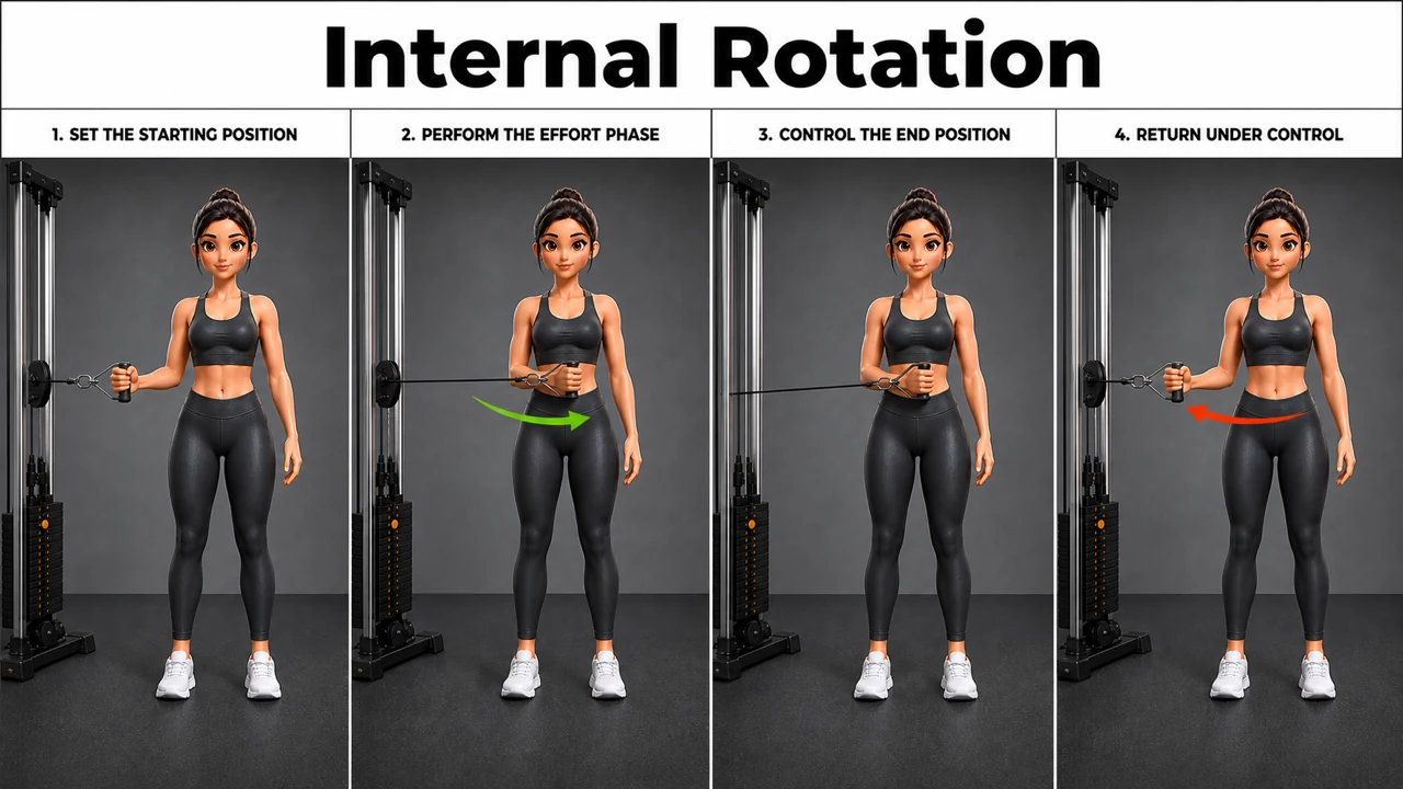 Internal Rotation exercise guide showing 6 movement steps using low cable and D-handle