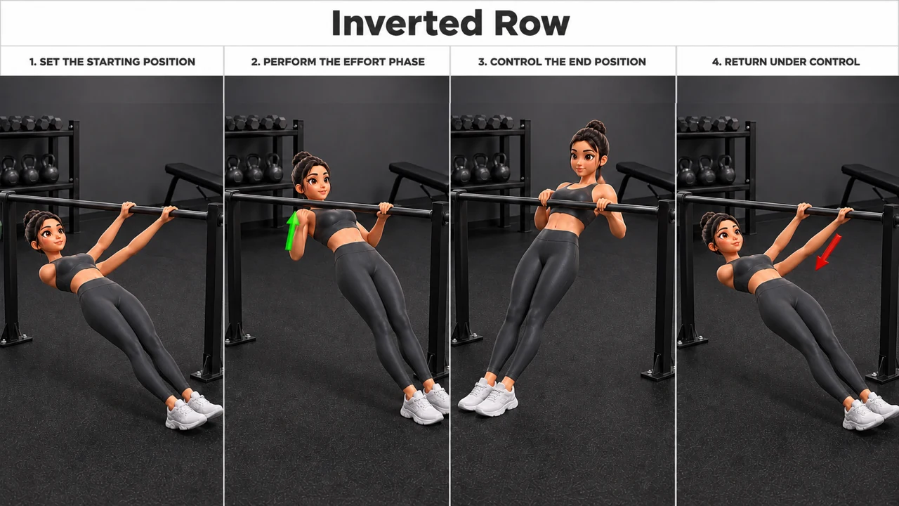 Inverted Row exercise guide showing 4 movement steps using low fixed bar