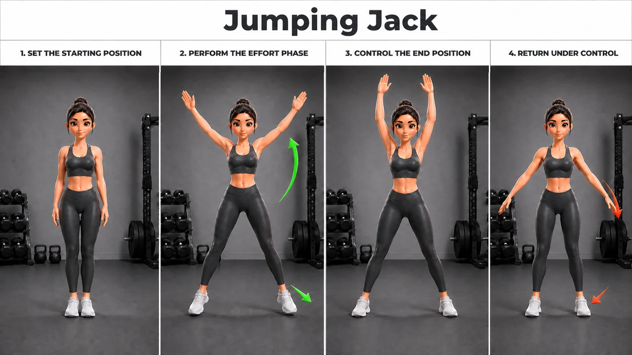 Jumping Jack exercise guide showing 4 movement steps