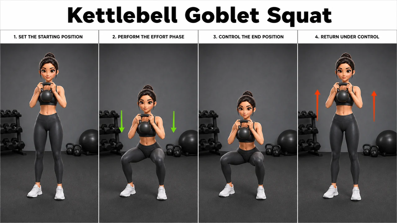Kettlebell Goblet Squat exercise guide showing 4 movement steps using kettlebell