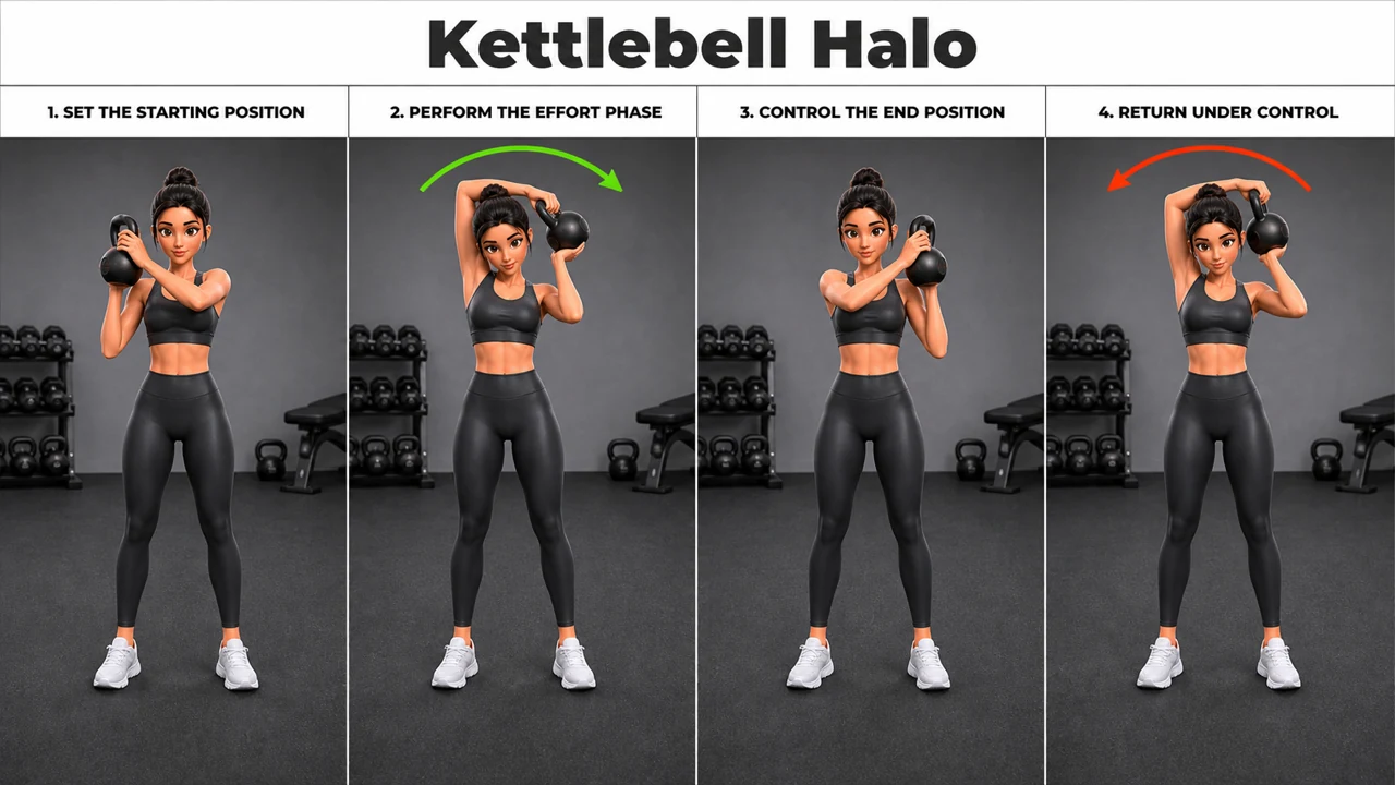 Kettlebell Halo exercise image showing key movement positions with kettlebell