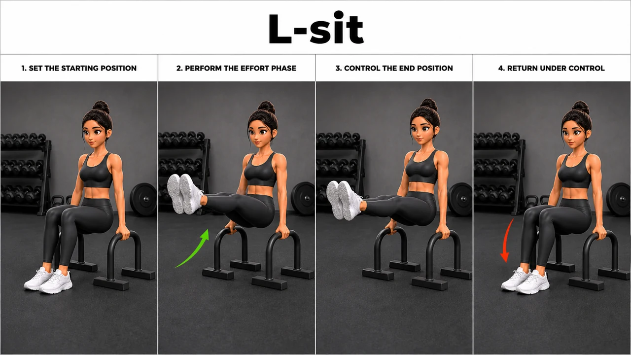 L-sit exercise image showing key movement positions with parallettes