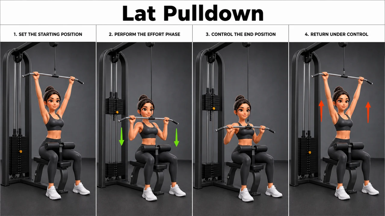 Lat Pulldown exercise guide showing 3 movement steps using lat pulldown machine and wide bar
