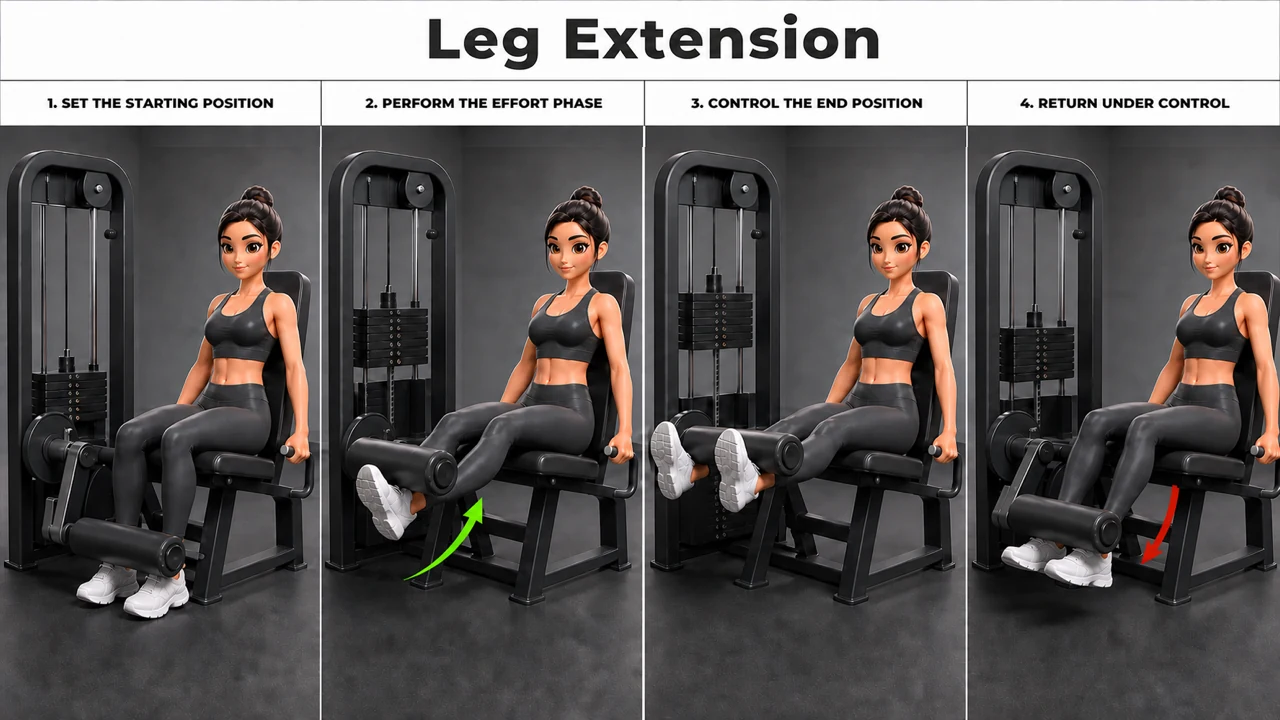 Leg Extension exercise guide showing 4 movement steps using leg extension machine
