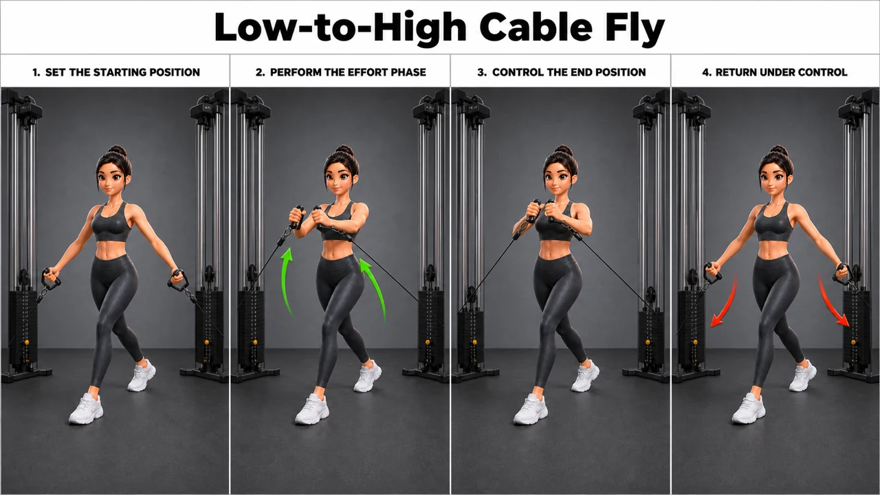 Low-to-High Cable Fly exercise guide showing 3 movement steps using dual cable machine and D-handles