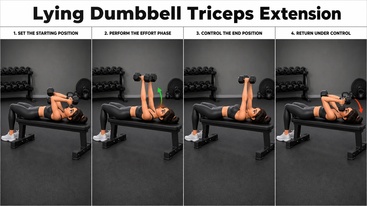 Lying Dumbbell Triceps Extension exercise image showing key movement positions with flat bench and dumbbell pair