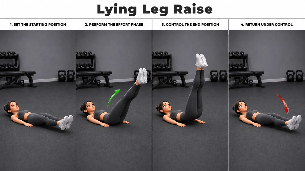 Lying Leg Raise exercise guide showing 4 movement steps