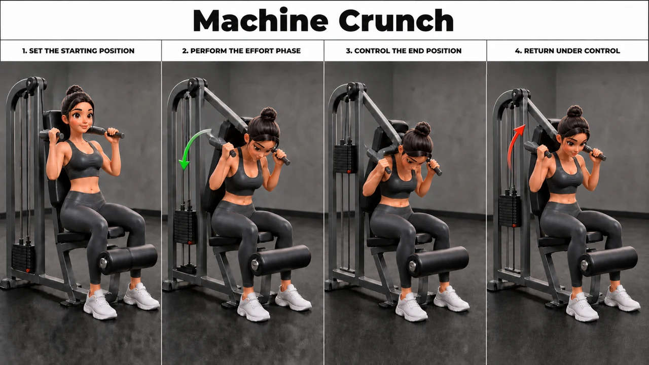Machine Crunch exercise guide showing 4 movement steps using ab crunch machine