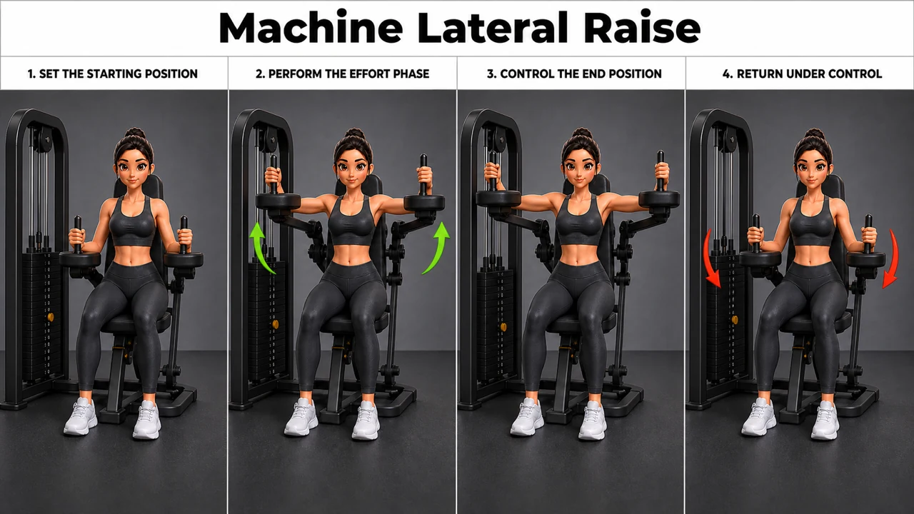 Machine Lateral Raise exercise guide showing 3 movement steps using lateral raise machine