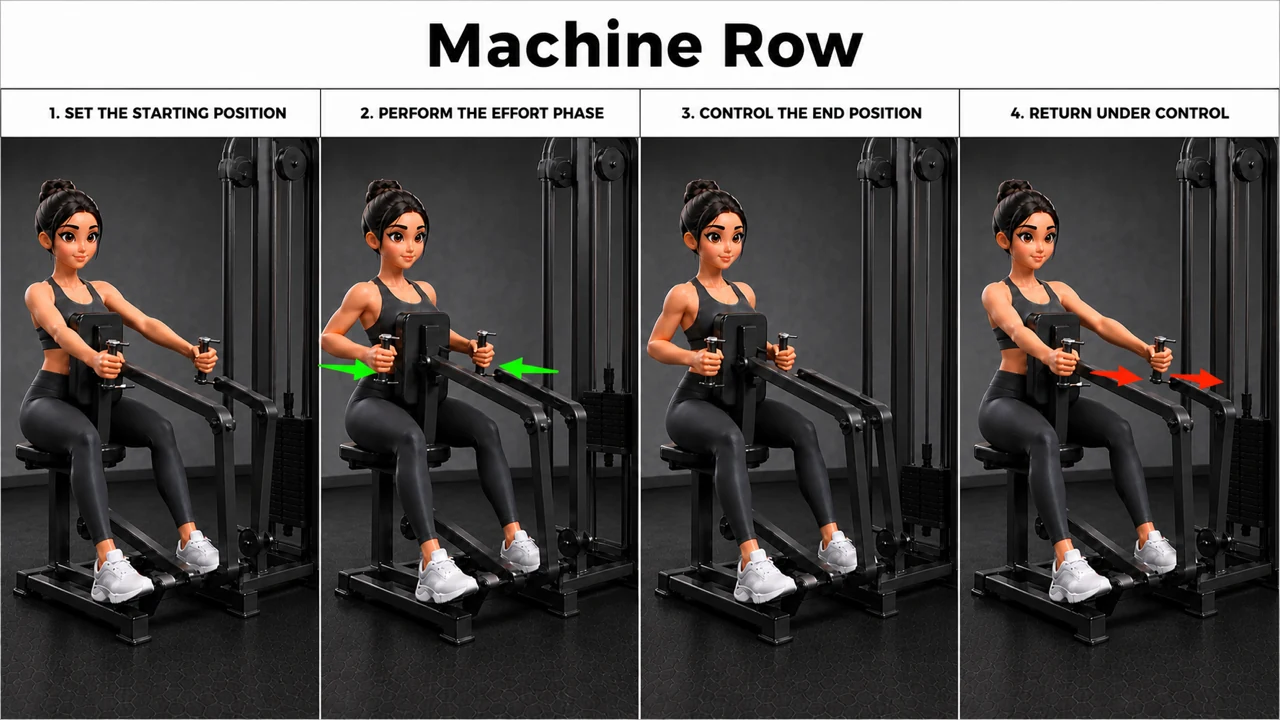 Machine Row exercise guide showing 3 movement steps using row machine