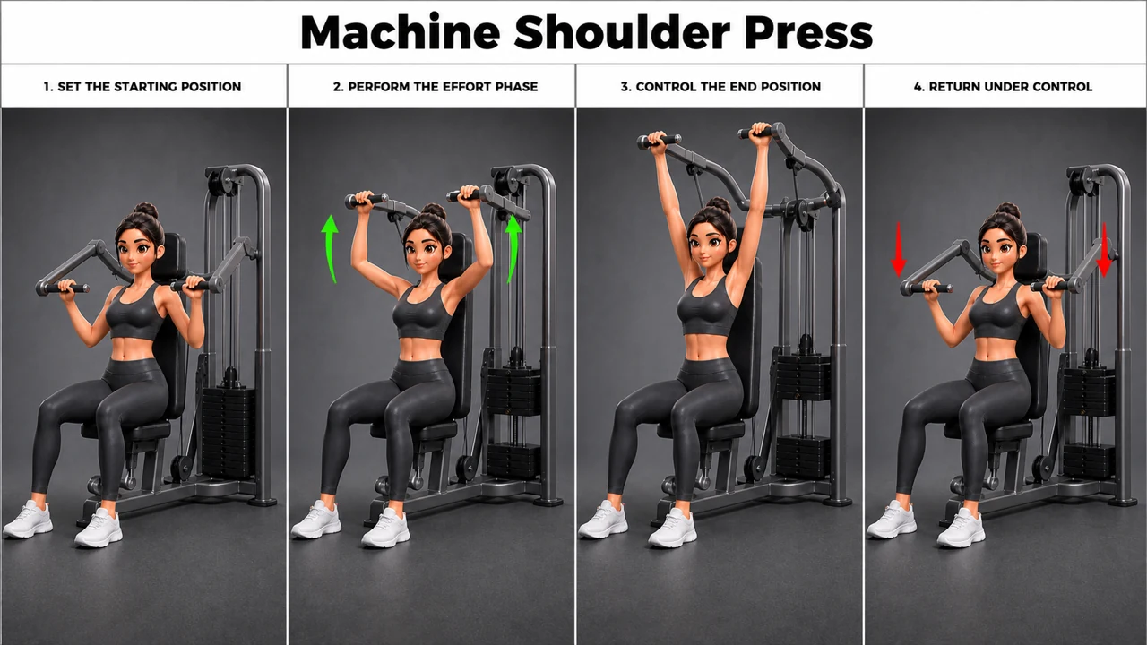 Machine Shoulder Press exercise guide showing 3 movement steps using shoulder press machine
