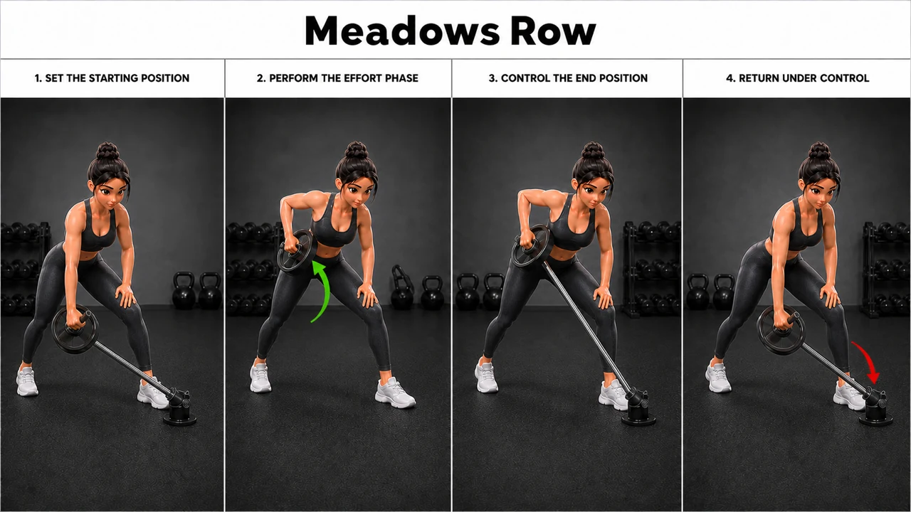 Meadows Row exercise guide showing 5 movement steps using landmine barbell