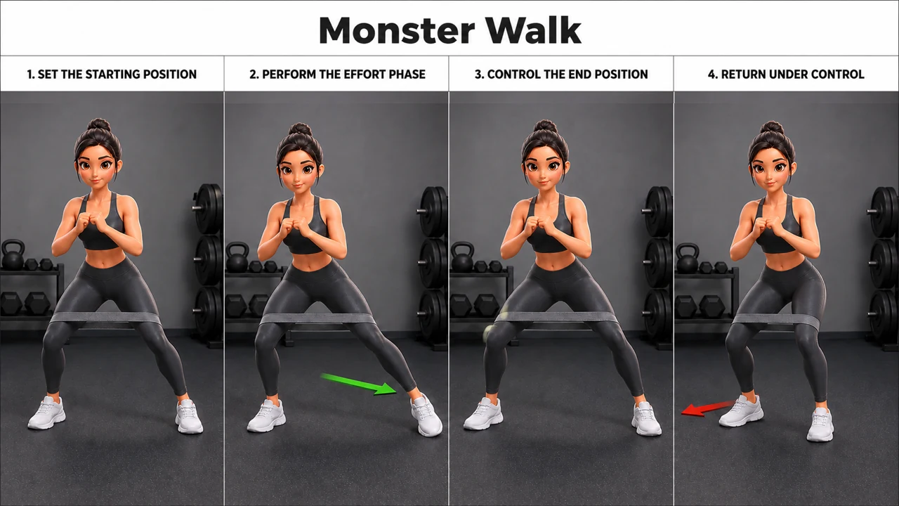 Monster Walk exercise guide showing 4 movement steps using resistance band