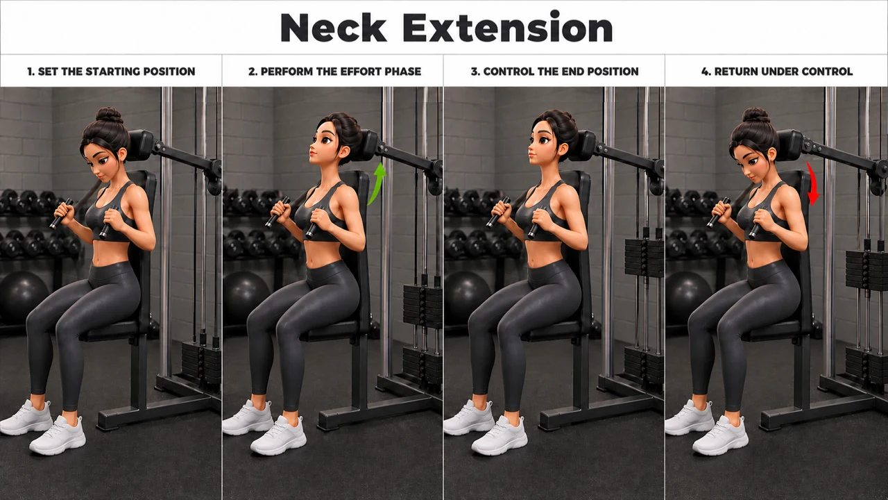 Neck Extension exercise guide showing 4 movement steps using neck harness or bench