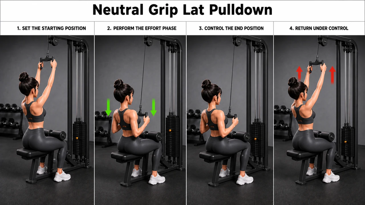 Neutral Grip Lat Pulldown exercise guide showing 3 movement steps using lat pulldown machine and neutral-grip attachment