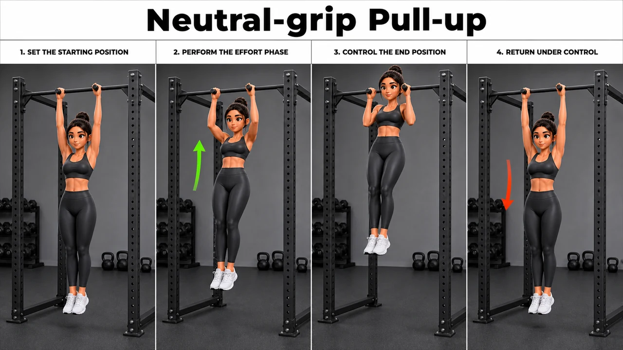 Neutral-grip Pull-up exercise image showing key movement positions